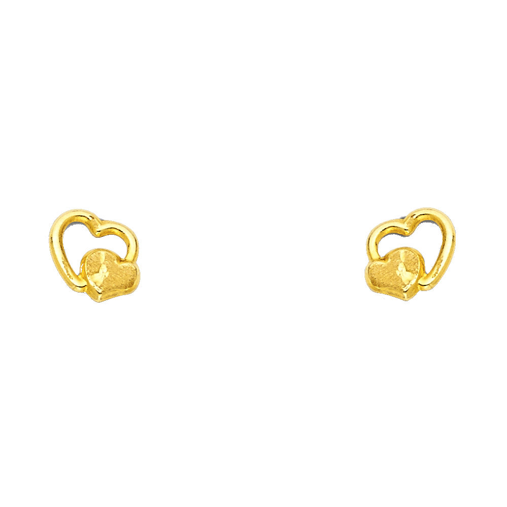 14k Yellow Gold Double Promise Heart Stud Cutout Love Romantic Gift Earrings