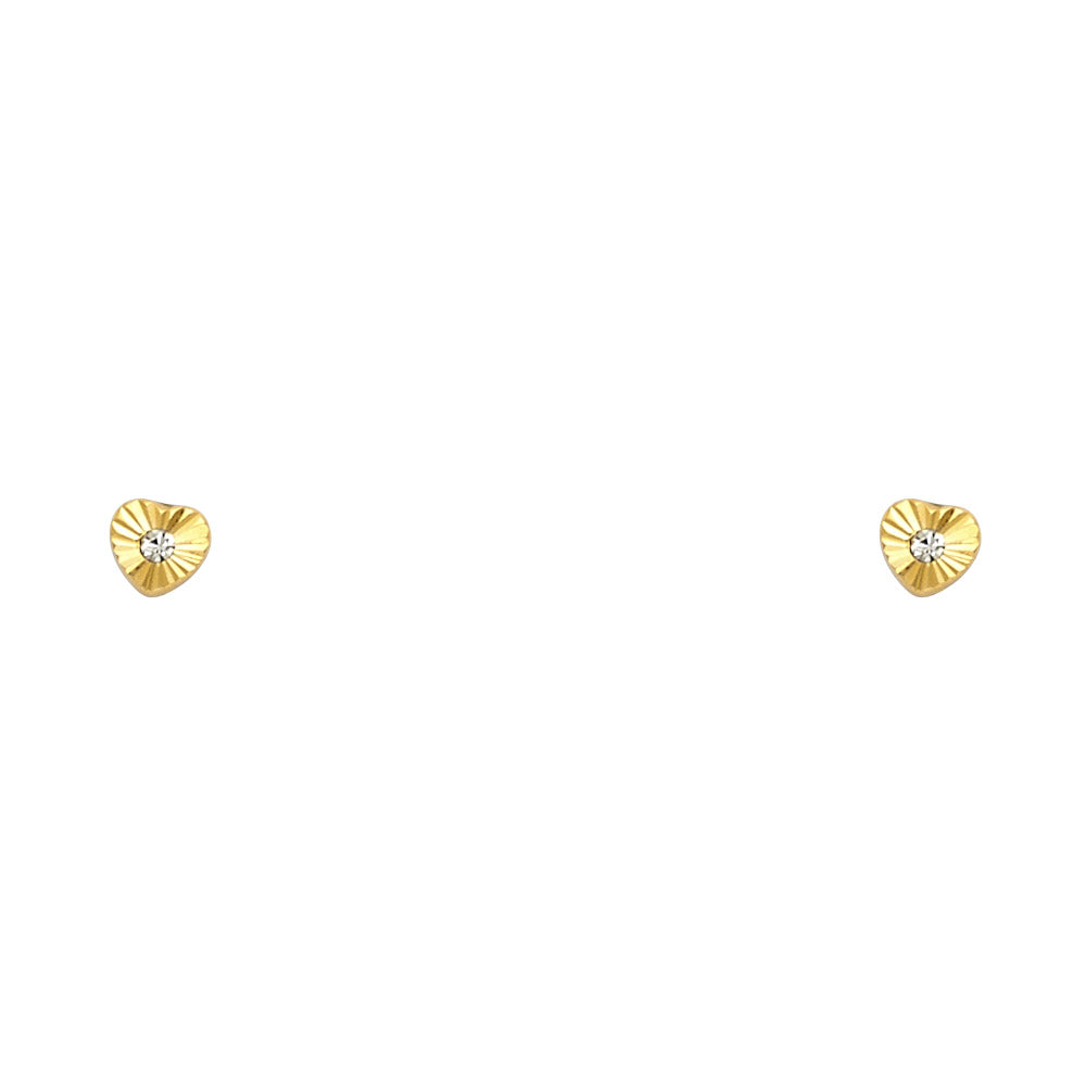 14k Yellow Gold High Polish Grooved Heart Stud Studded Love Earrings