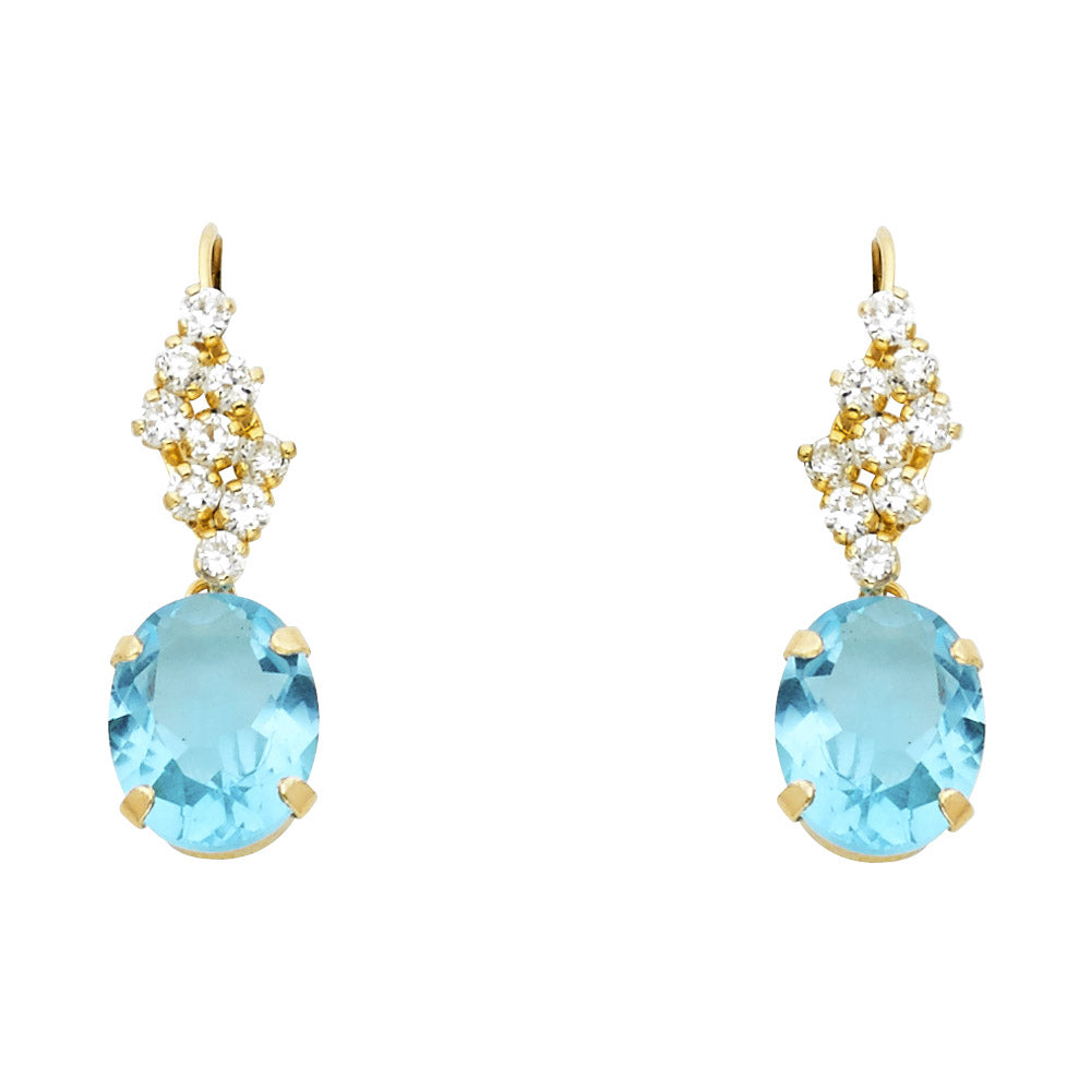 14k Yellow Gold Elegant Oval CZ Stud Vintage Earrings Clear & Aquamarine CZ