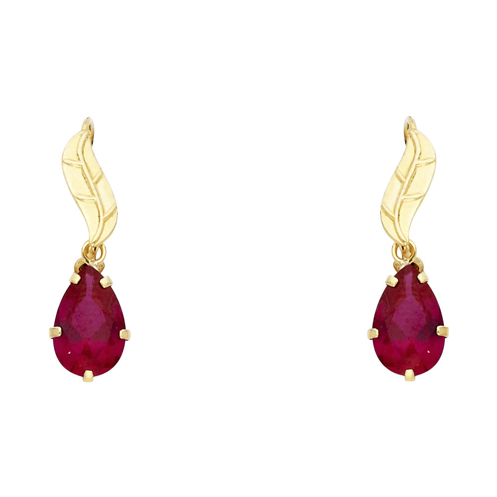 14k Yellow Gold Classic Vintage Teardrop Stud Feather Leaf Earrings Ruby CZ