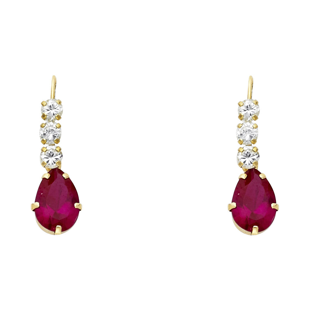 14k Yellow Gold Elongated Journey Teardrop Stud Studded Hanging Earrings Ruby CZ