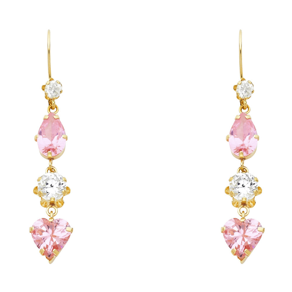 14k Yellow Gold Elegant Hanging Promise Heart Stud Teardrop Circle Earrings