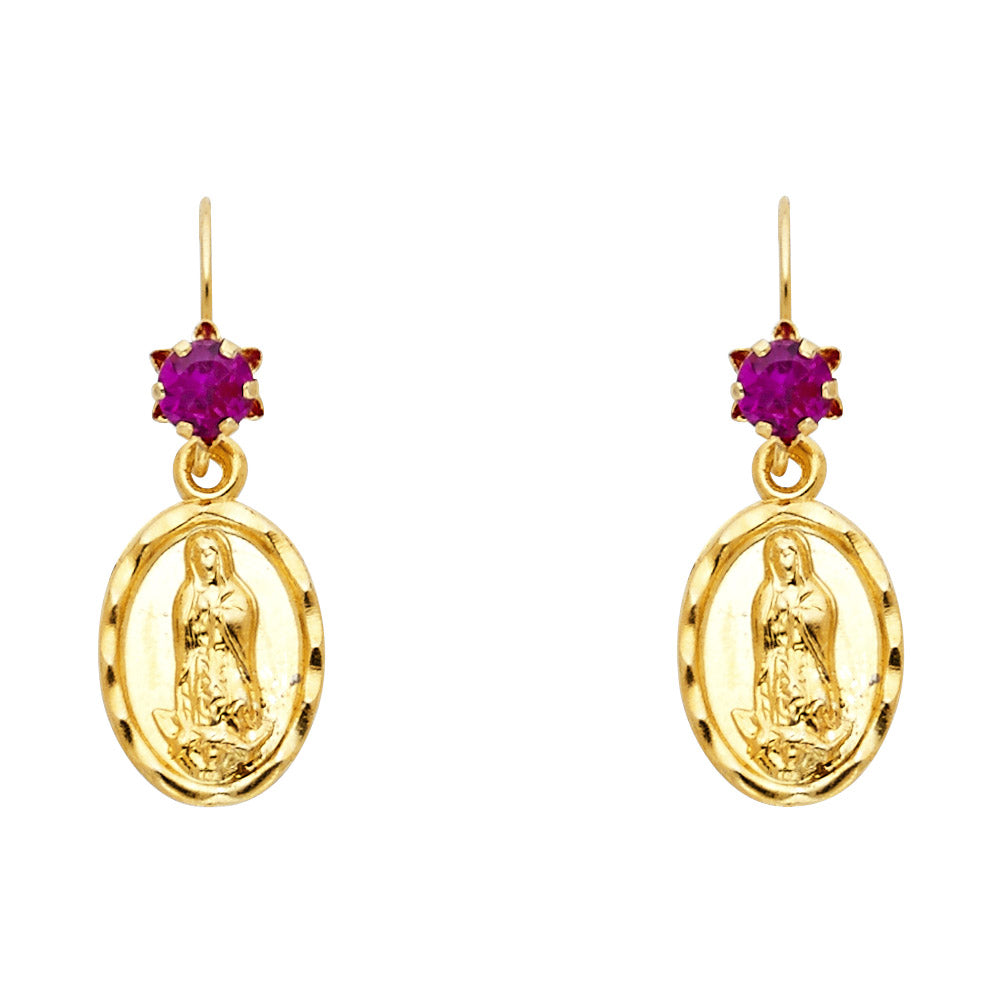 14k Yellow Gold Our Lady of Guadalupe Stud Hoop Dangling Star Earrings Ruby CZ