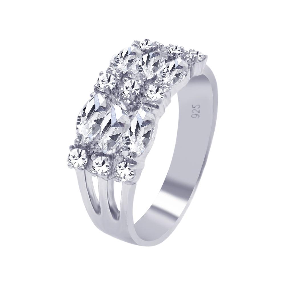 Sterling Silver 925 Rhodium Plated Round Marquise CZ 3 Row Ring Sizes 5-9