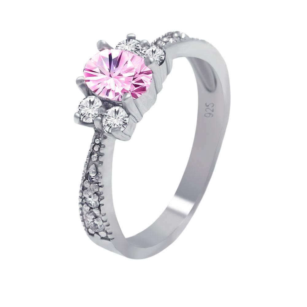 Sterling Silver 925 Rhodium Plated Pink Oval Pave CZ Engagement Ring Sizes 5-9