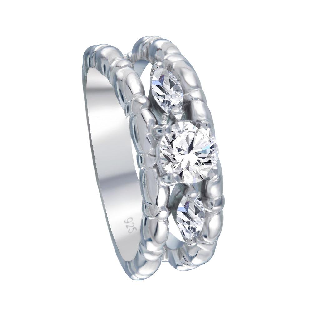 Sterling Silver 925 Rhodium Plated Clear Round and Marquise CZ Ring Sizes 5-9