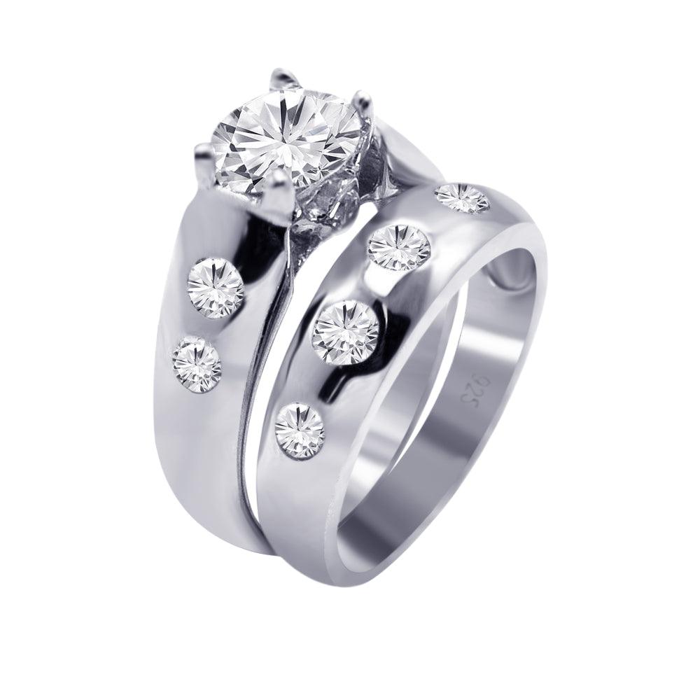 Sterling Silver 925 Rhodium Plated Round Clear CZ Engagement Ring Set Sizes 5-9