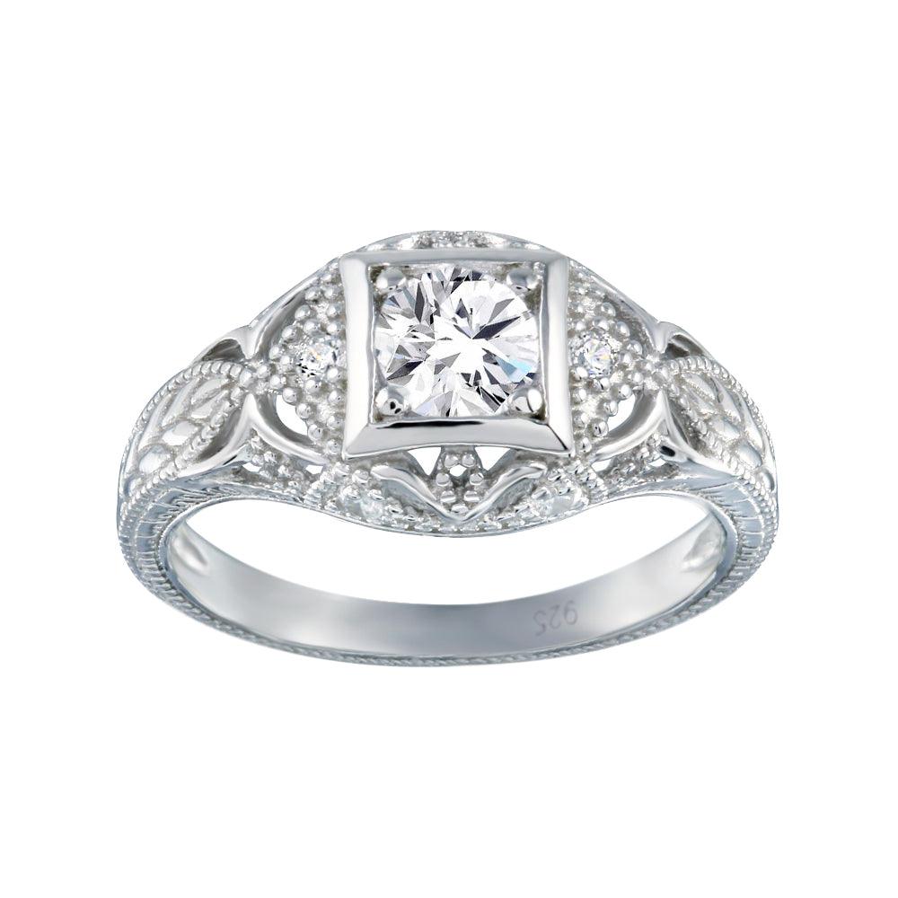 Sterling Silver 925 Rhodium Plated Clear CZ Inlay Antique Ring Sizes 5-12