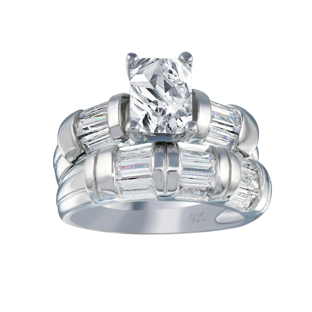 Sterling Silver 925 Rhodium Plated Clear Baguette CZ Engagement Ring Sizes 5-9