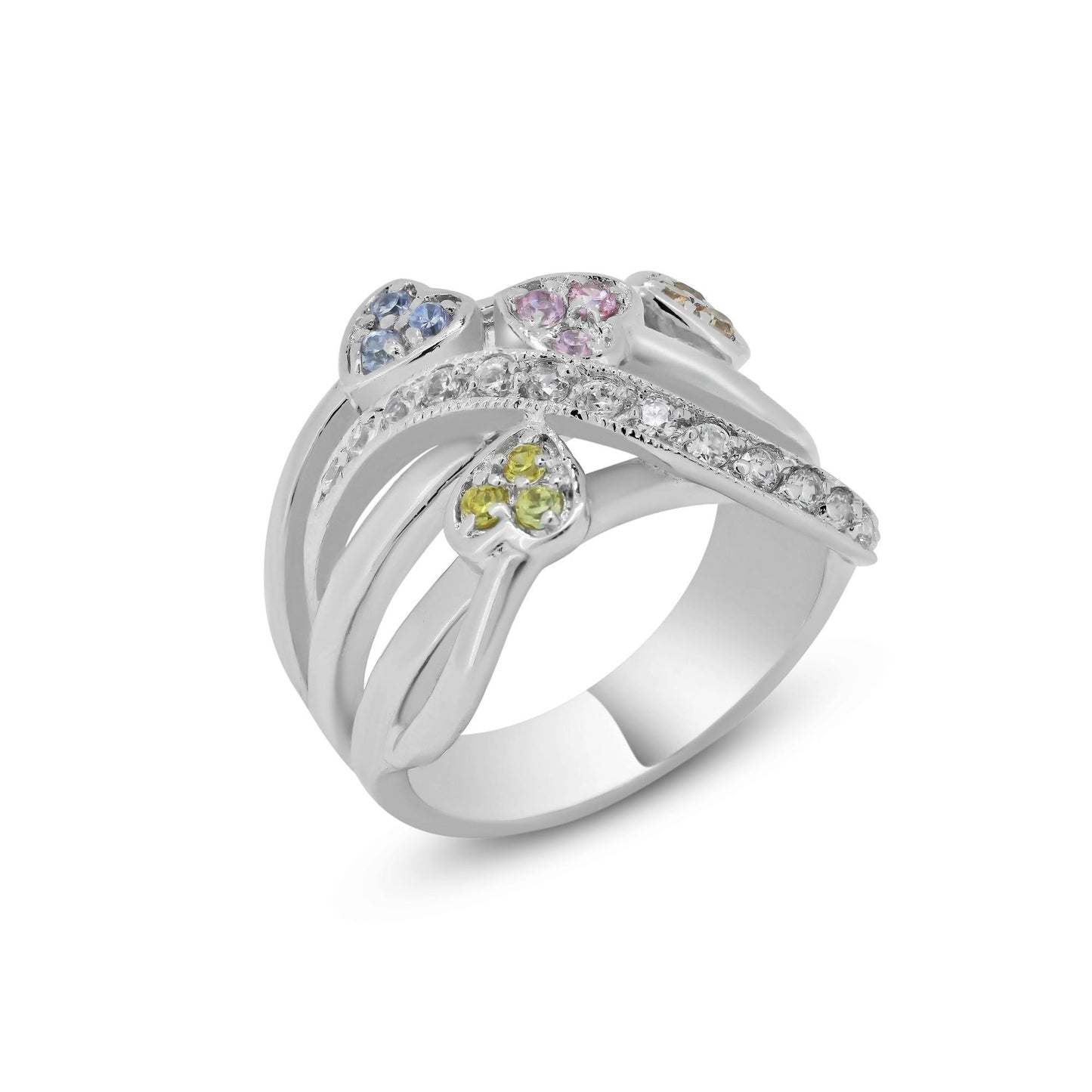 Sterling Silver 925 Rhodium Plated Criss Cross Wide Love CZ Heart Ring Sizes 5-9
