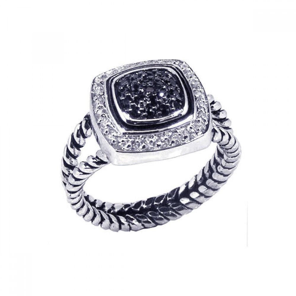 Sterling Silver 925 Black Rhodium Plated Clear Black CZ Rope Halo Ring Sizes 5-8