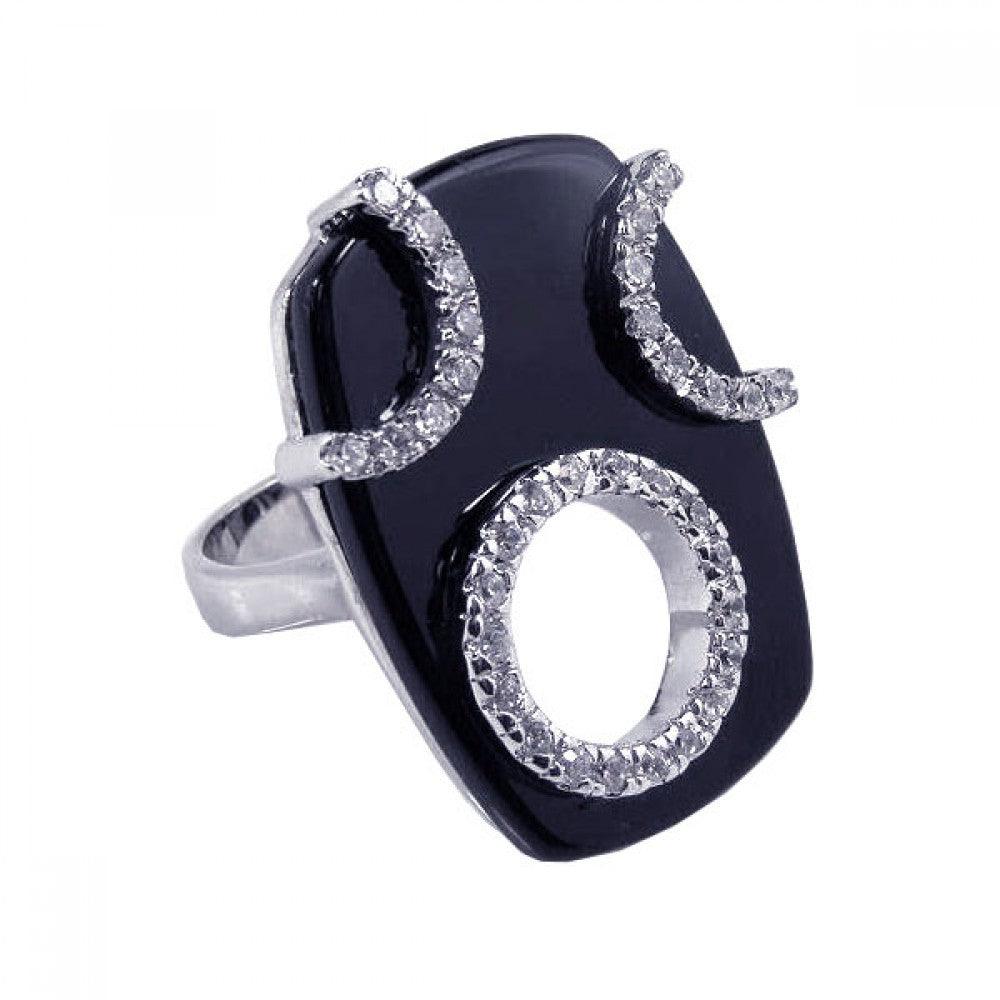 Sterling Silver 925 Rhodium Plated Black Onyx Wide CZ Open Circle Ring Sizes 5-9