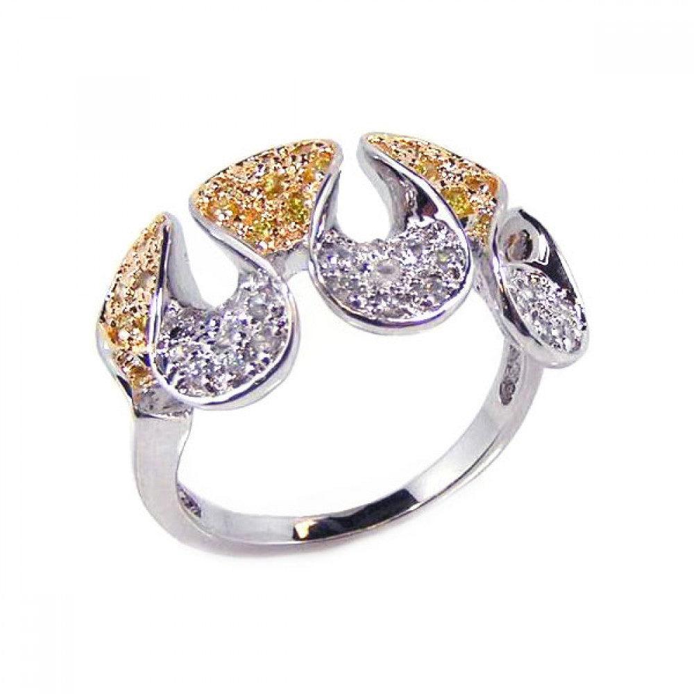 Sterling Silver 925 Wave Gold Plated Yellow Clear CZ Folded Ring Band Sizes 5-10