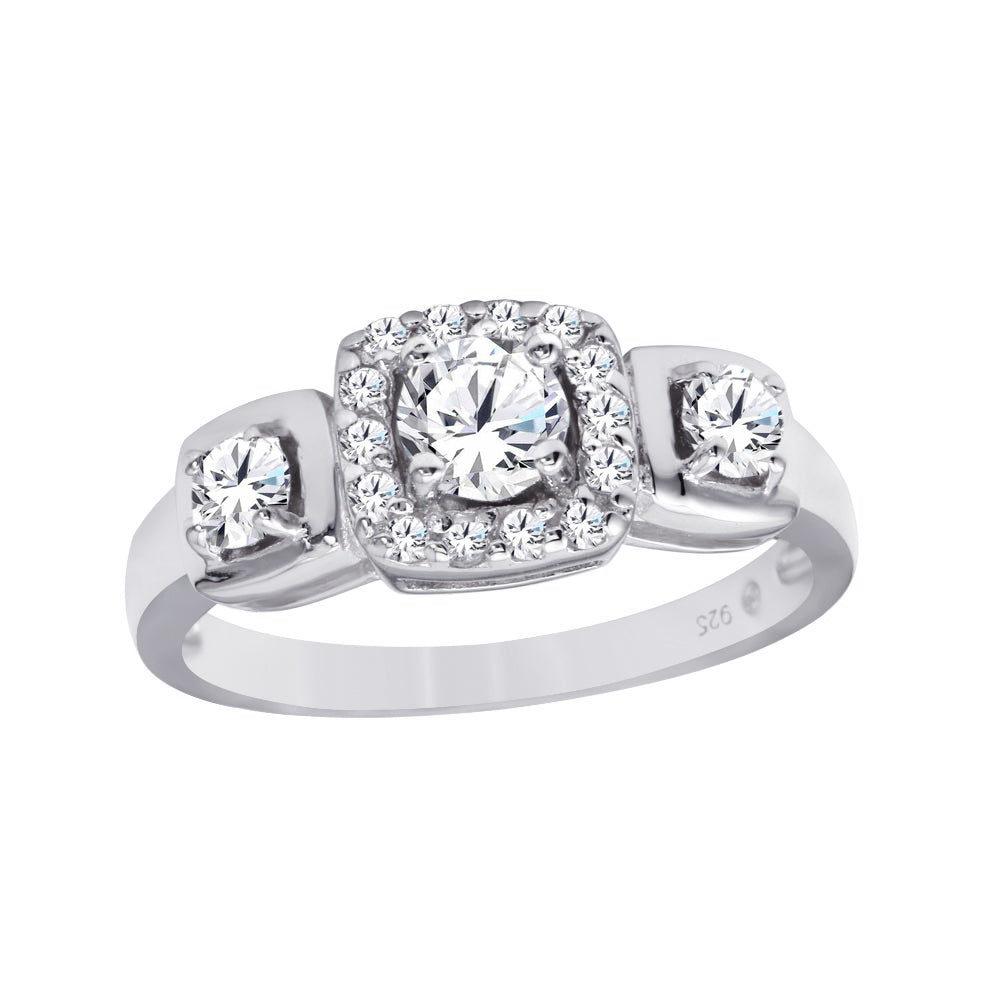 Sterling Silver 925 Rhodium Plated Clear CZ Round Halo New Bridal Ring Sizes 5-9