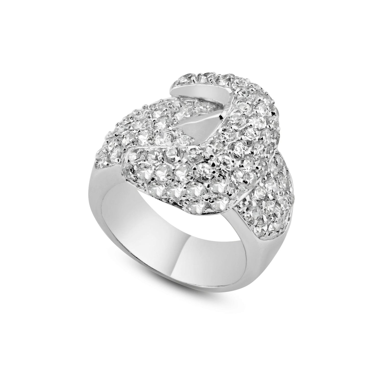 Sterling Silver 925 Rhodium Plated Clear Pave CZ Belt Buckle Ring Sizes 5-9