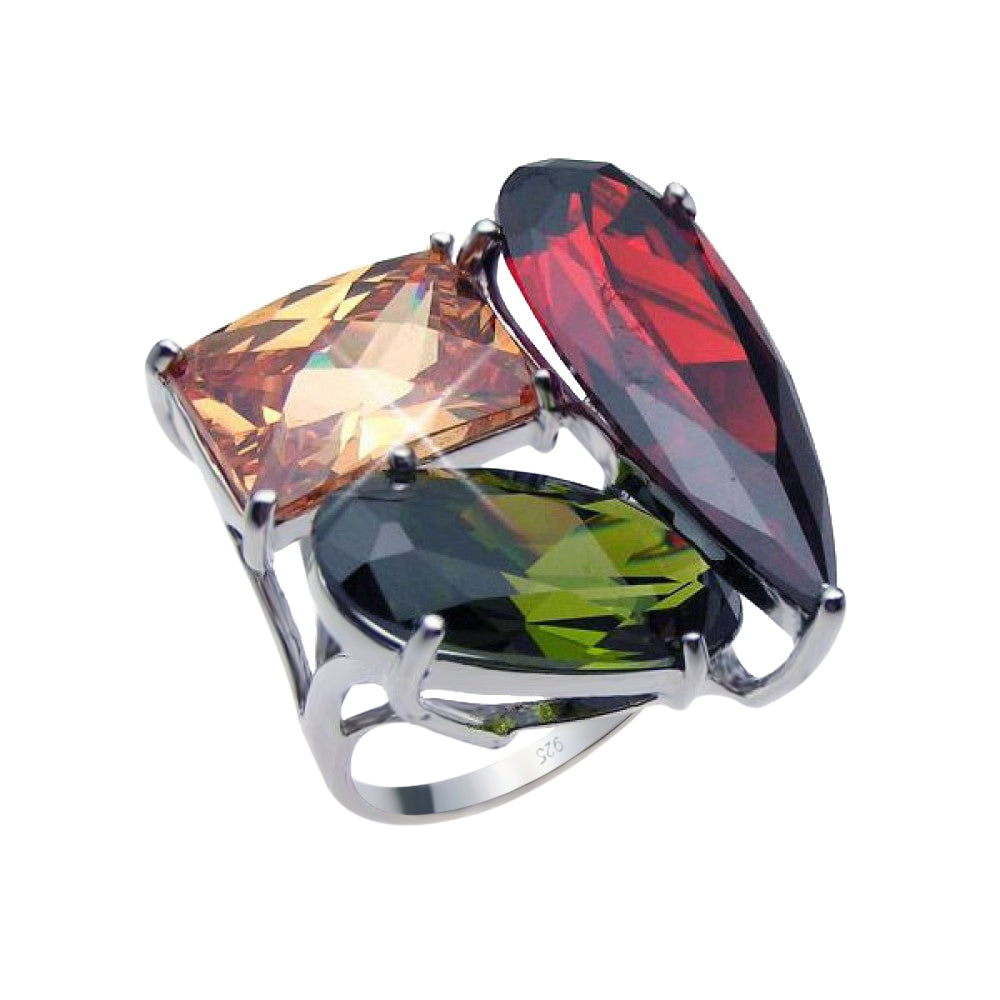 Sterling Silver 925 Rhodium Plated Large Multi Colored CZ Shaped Ring Sizes 5-9
