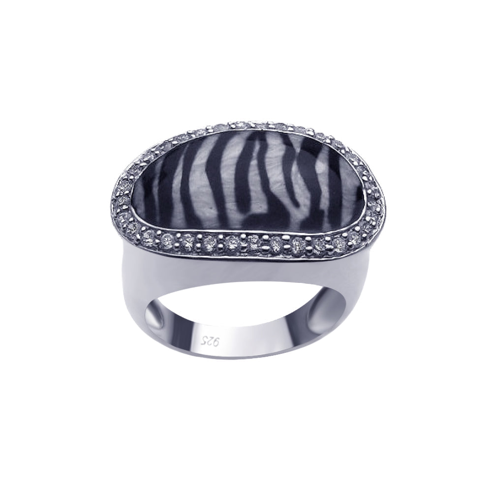 Sterling Silver 925 Rhodium Plated Clear CZ Border Zebra Print Ring Sizes 5-9
