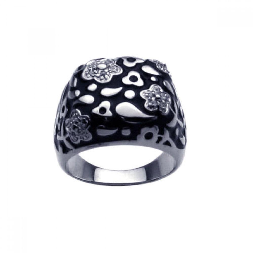 Sterling Silver 925 Rhodium Plated Black Enamel Clear CZ Flower Ring Sizes 5-9