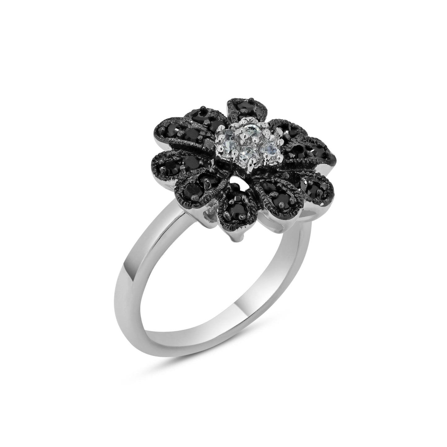 Sterling Silver 925 Black Rhodium Plated Black Clear CZ Flower Ring Sizes 5-9