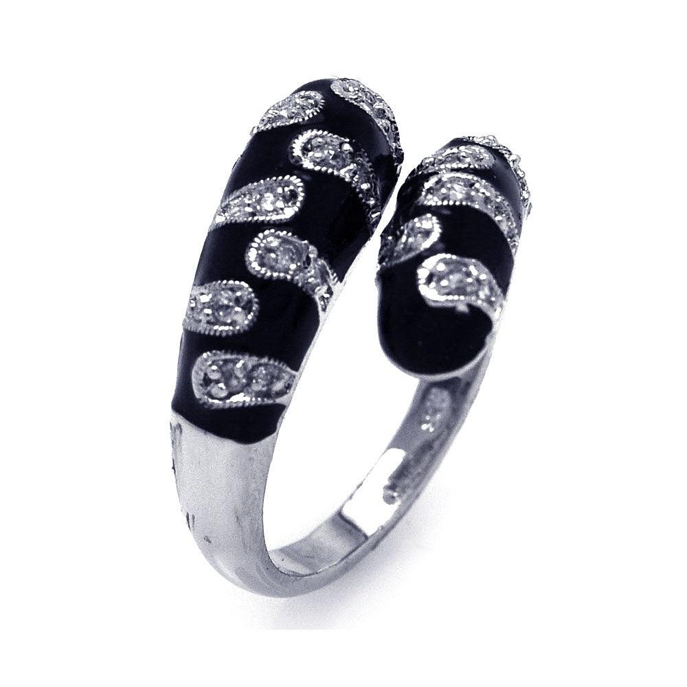 Sterling Silver 925 Rhodium Plated Black Enamel Clear CZ Spoon Ring Sizes 5-9
