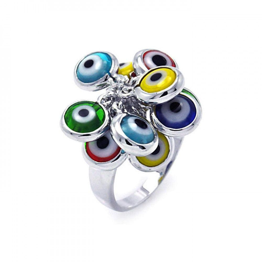 Sterling Silver 925 Rhodium Plated Multi Colored Hanging Evil Eye Ring Sizes 5-9