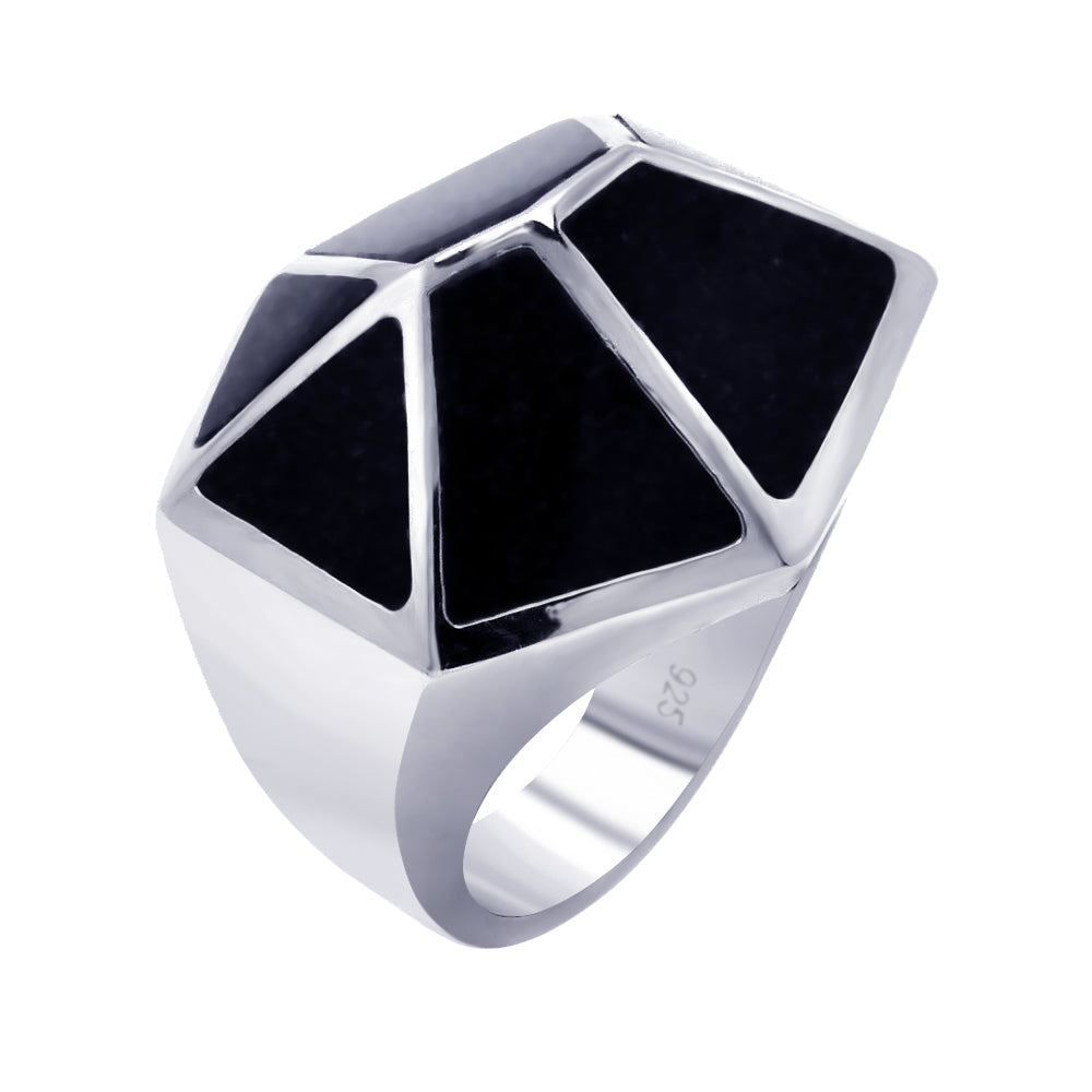 Sterling Silver 925 Rhodium Plated Black Quartz Geometric Ring Sizes 5-9