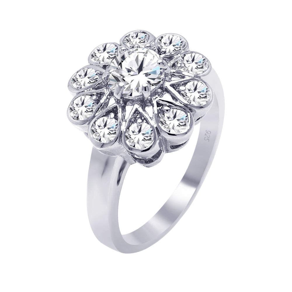 Sterling Silver 925 Rhodium Plated Round Center Clear CZ Flower Ring Sizes 5-9