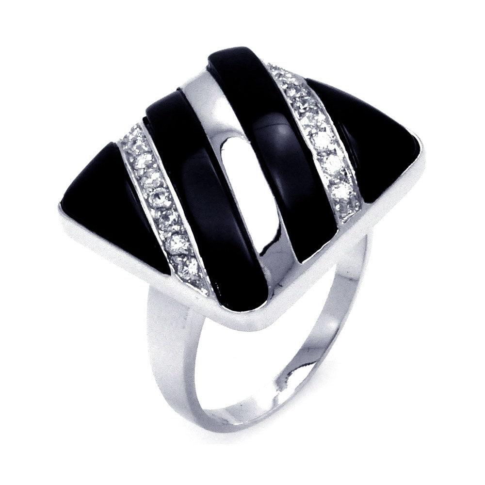 Sterling Silver 925 Rhodium Plated Black Enamel Clear CZ Button Ring Sizes 5-9