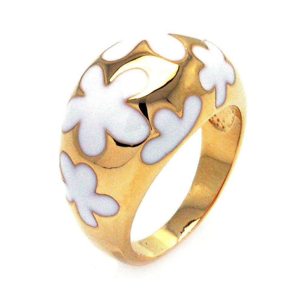 Sterling Silver 925 Gold Plated White Enamel Flower Dome Ring Band Sizes 5-9
