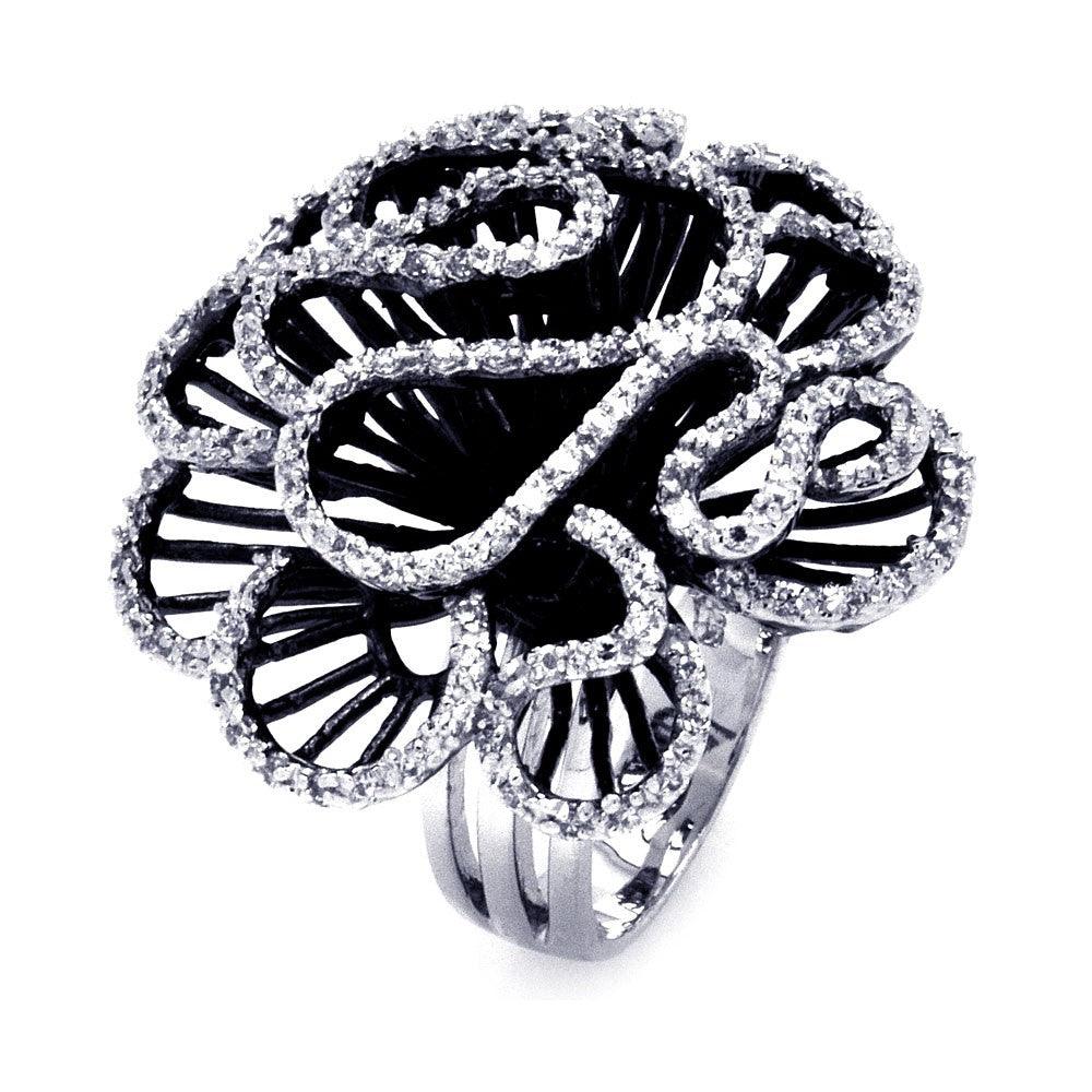 Sterling Silver 925 Black Rhodium Plated Clear CZ Coral Flower Ring Sizes 5-9