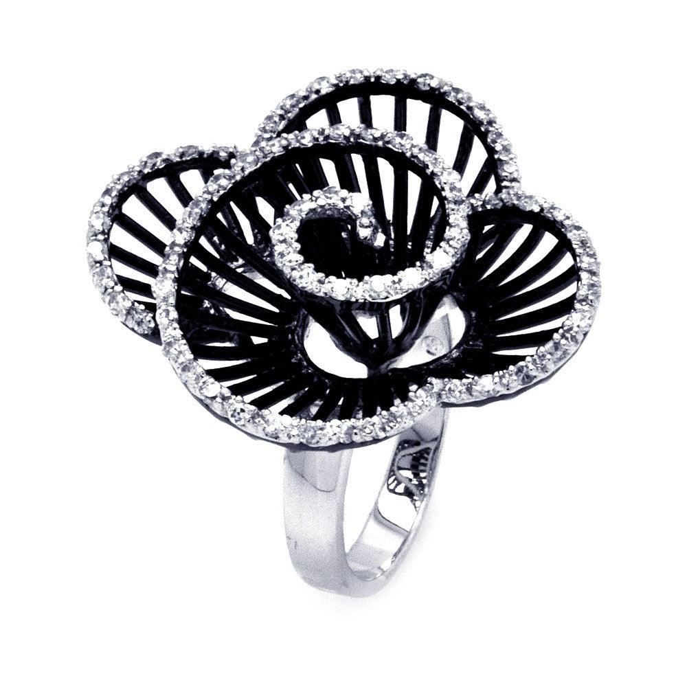 Sterling Silver 925 Black Rhodium Plated Clear CZ Twirly Flower Ring Sizes 5-9
