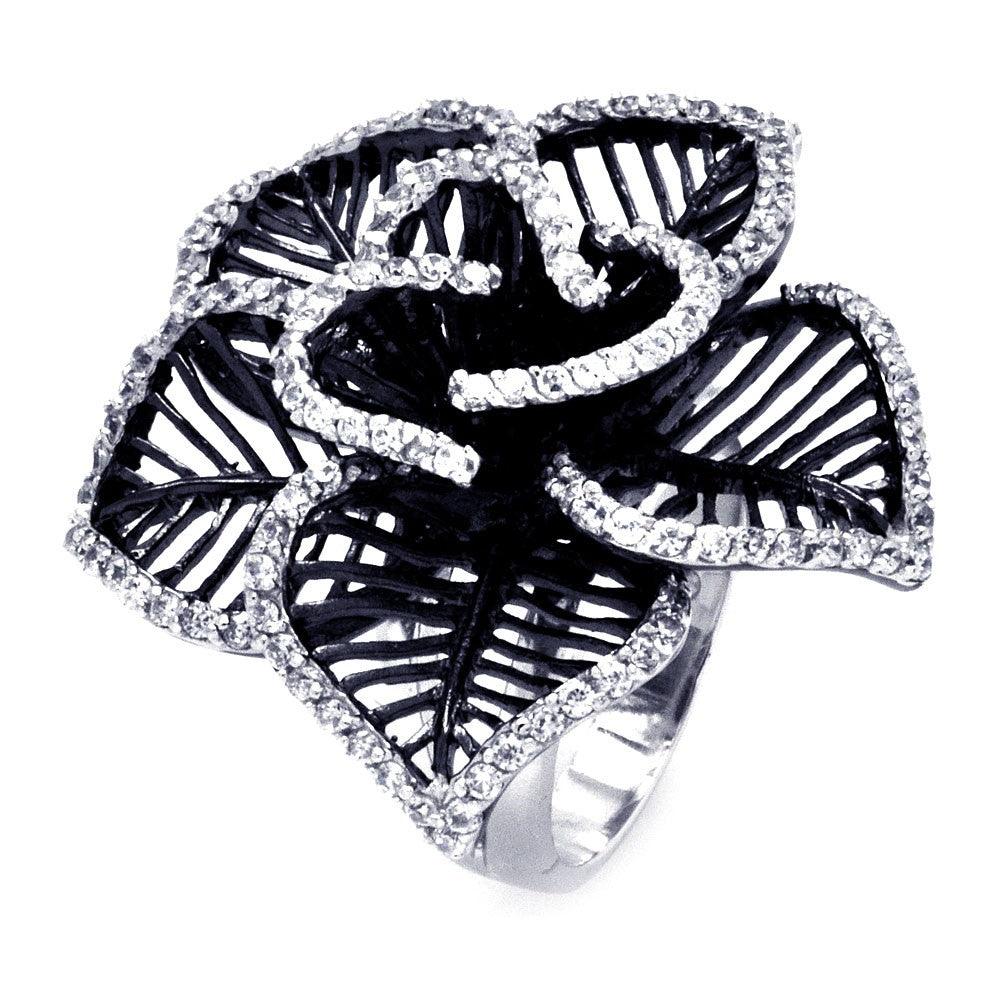 Sterling Silver 925 Black Rhodium Plated Clear CZ Open Flower Ring Sizes 5-9