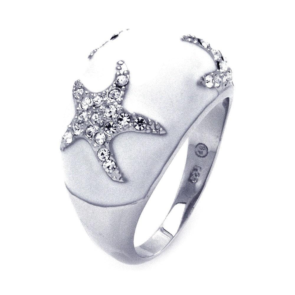 Sterling Silver 925 Rhodium Plated White Enamel Clear CZ Starfish Ring Sizes 5-9
