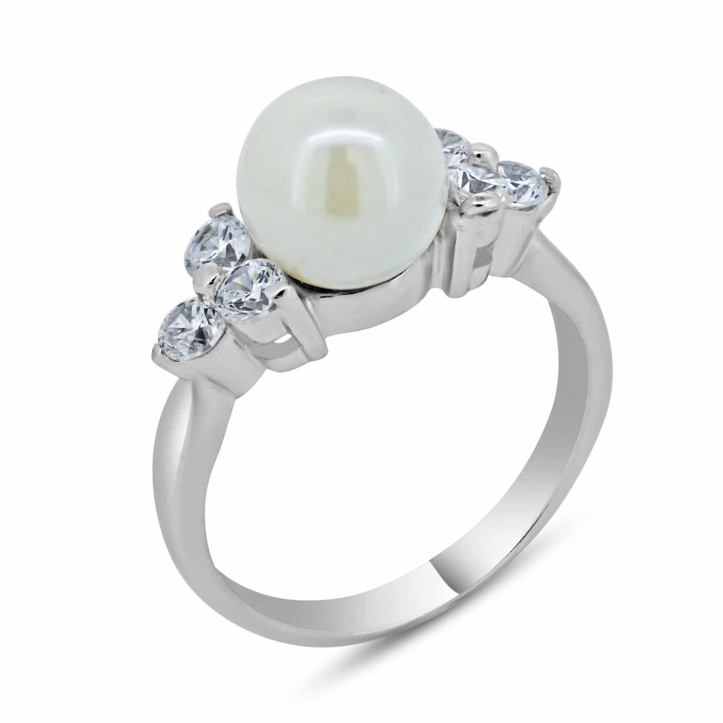 925 Sterling Silver Rhodium Plated Simulated Pearl Clear CZ Ring Sizes 5-9
