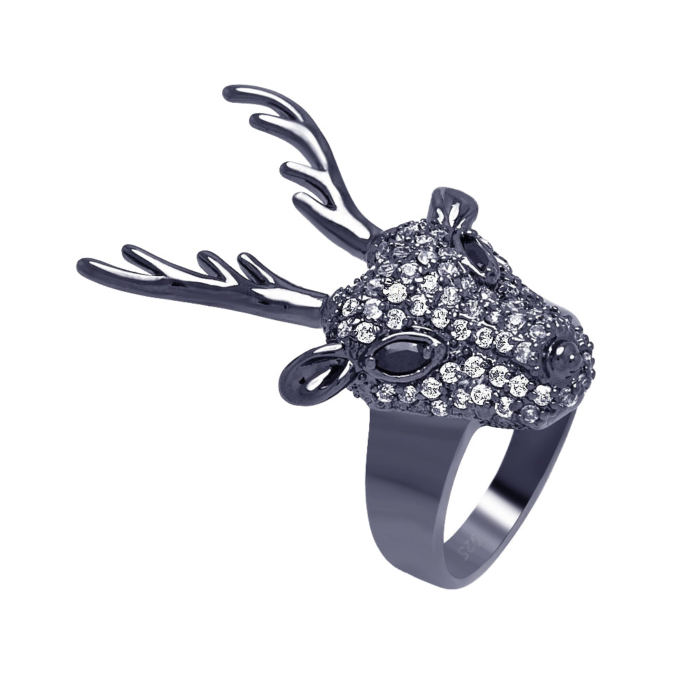 Sterling Silver 925 Black Rhodium Plated CZ Reindeer Head Buck Ring Sizes 5-9