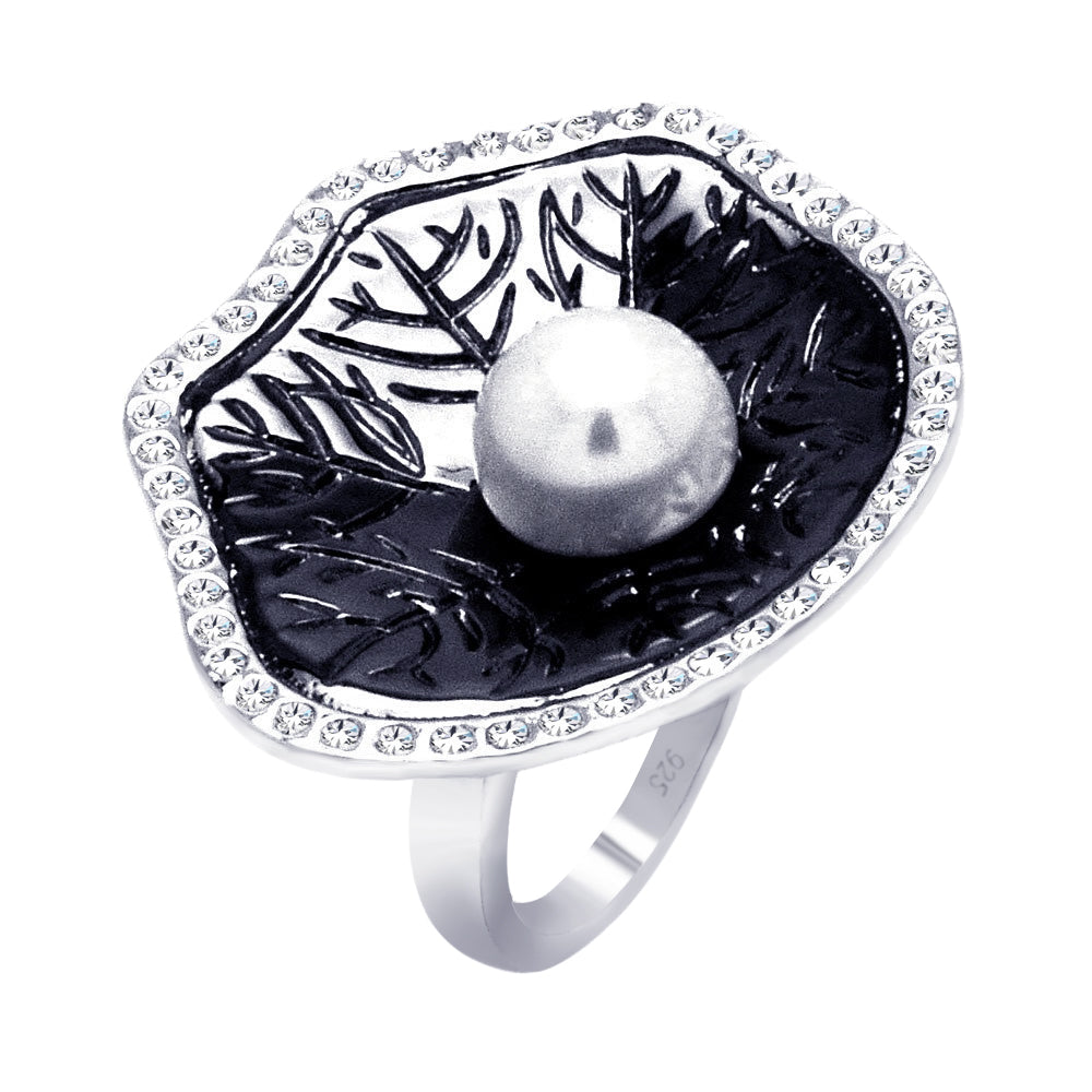 Sterling Silver 925 Black Rhodium Plated Simulated Pearl CZ Leaf Ring Sizes 5-9