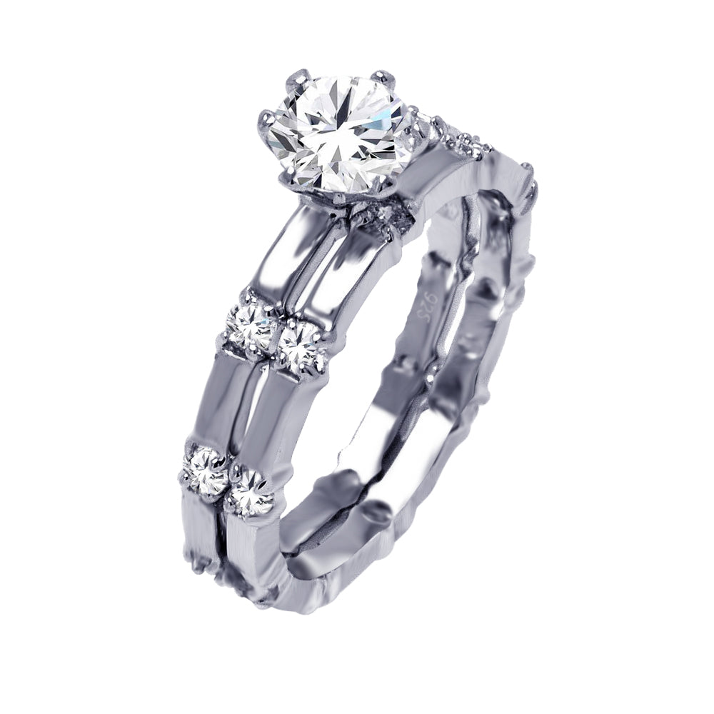 Sterling Silver 925 Rhodium Plated Round Clear CZ Bridal Ring Set Band Sizes 5-9