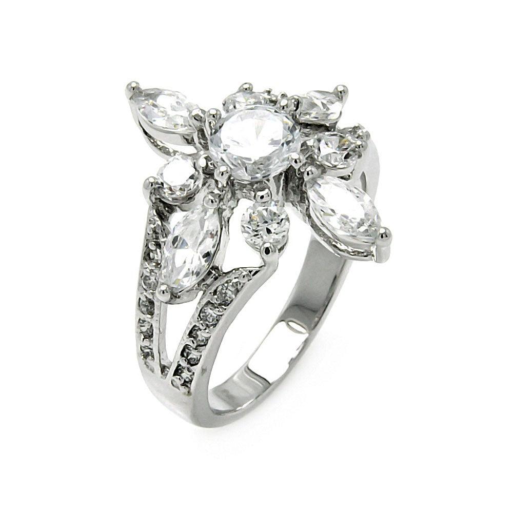 Sterling Silver 925 Rhodium Plated Clear Round Marquise CZ Flower Ring Sizes 5-9