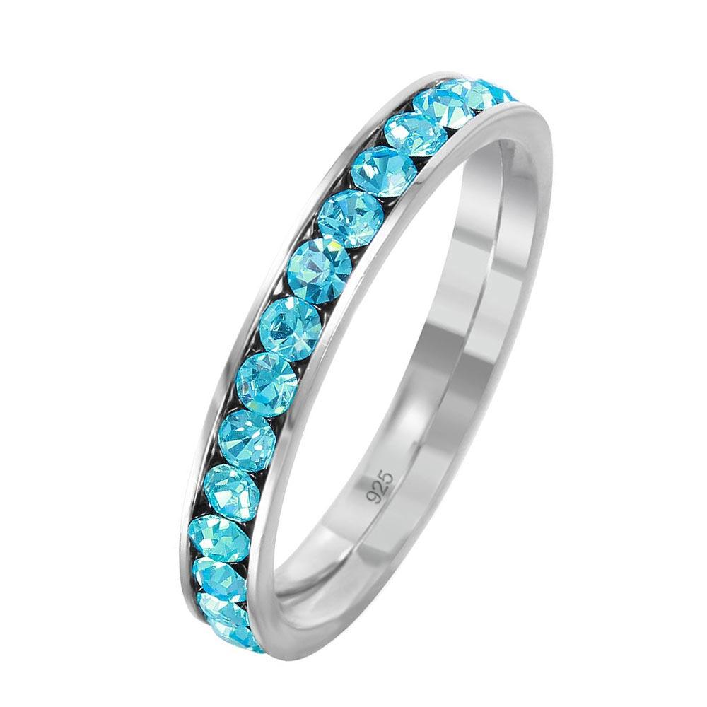 Sterling Silver 925 Rhodium Plated March Aquamarine CZ Eternity Band Sizes 3-9