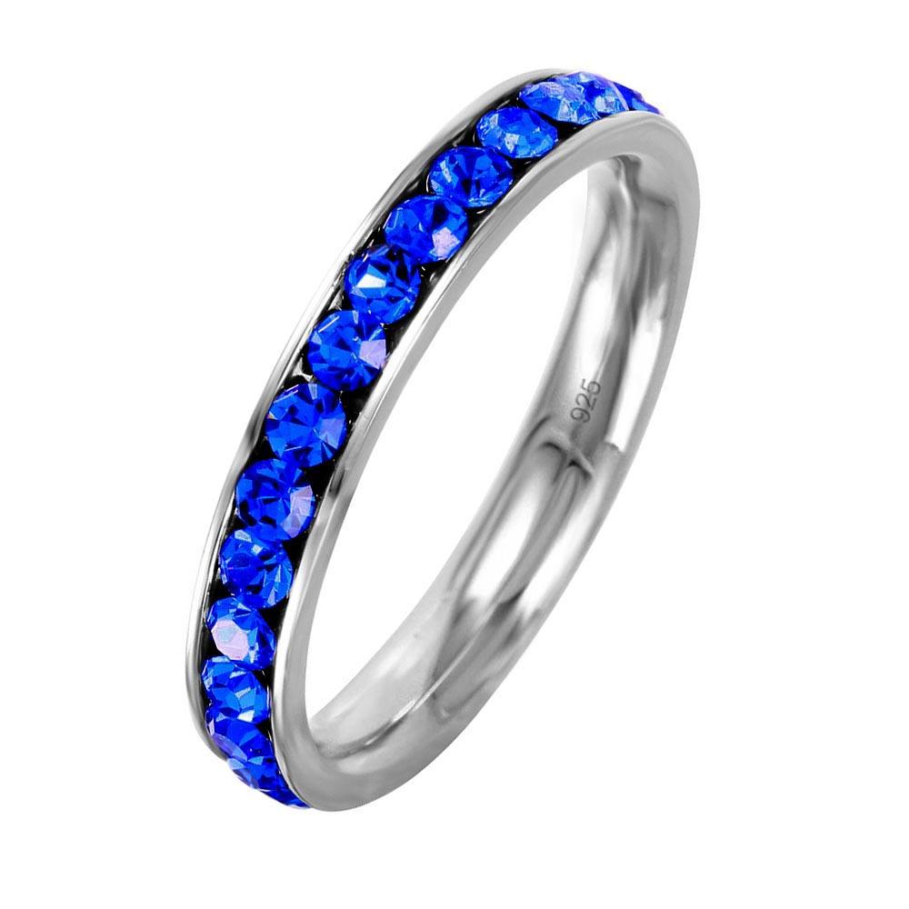 Sterling Silver 925 Rhodium Plated September Blue CZ Eternity Band Sizes 3-9