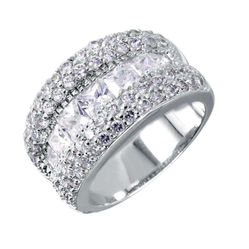Sterling Silver 925 Rhodium Plated 3 Row CZ Bling Cocktail Ring Sizes 5-5