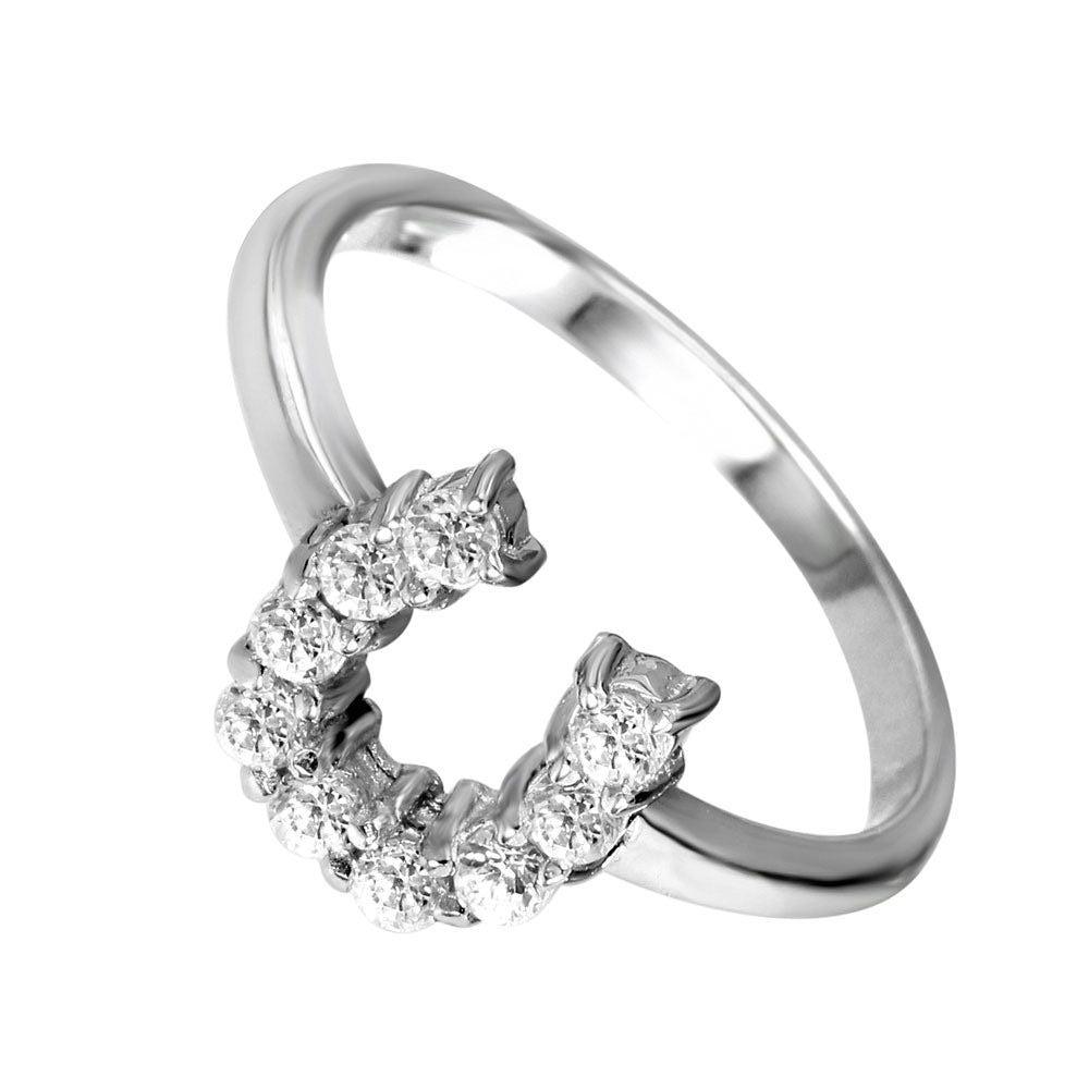 Sterling Silver 925 Rhodium Plated Lucky Horseshoe CZ Ring Sizes 5-9