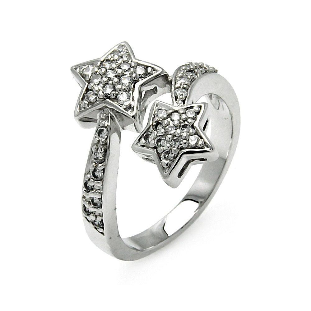 Sterling Silver 925 Rhodium Plated Double Clear CZ Star Ring Sizes 5-9