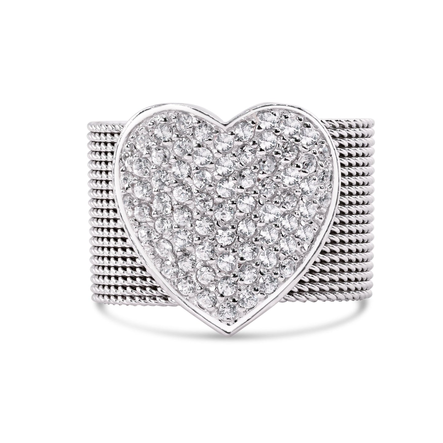 Sterling Silver 925 Rhodium Plated Multi Chain CZ Heart Ring Sizes 5-10