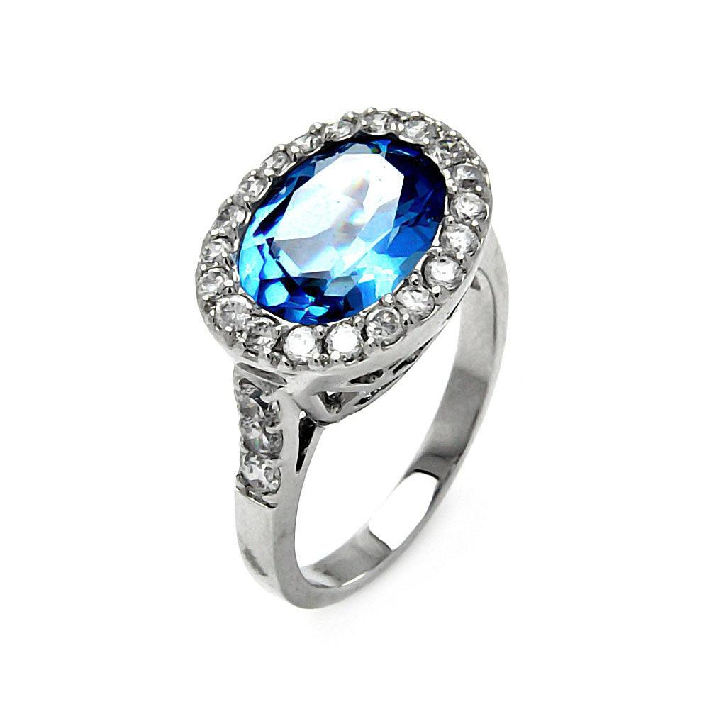 Sterling Silver 925 Rhodium Plated Blue Oval Clear Cluster CZ Ring Sizes 5-9