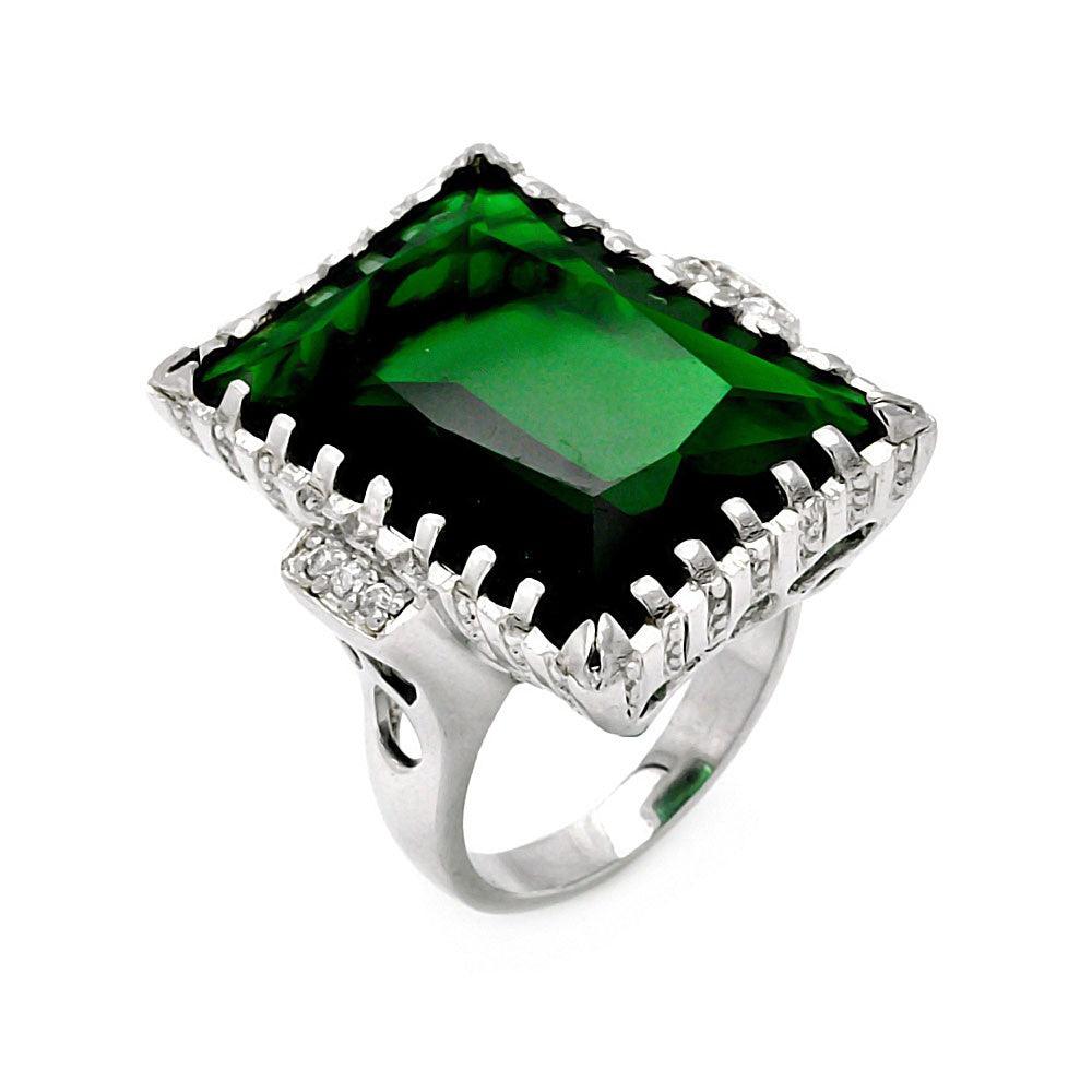 Sterling Silver 925 Rhodium Plated Large Green Rectangular CZ Ring Sizes 5-5