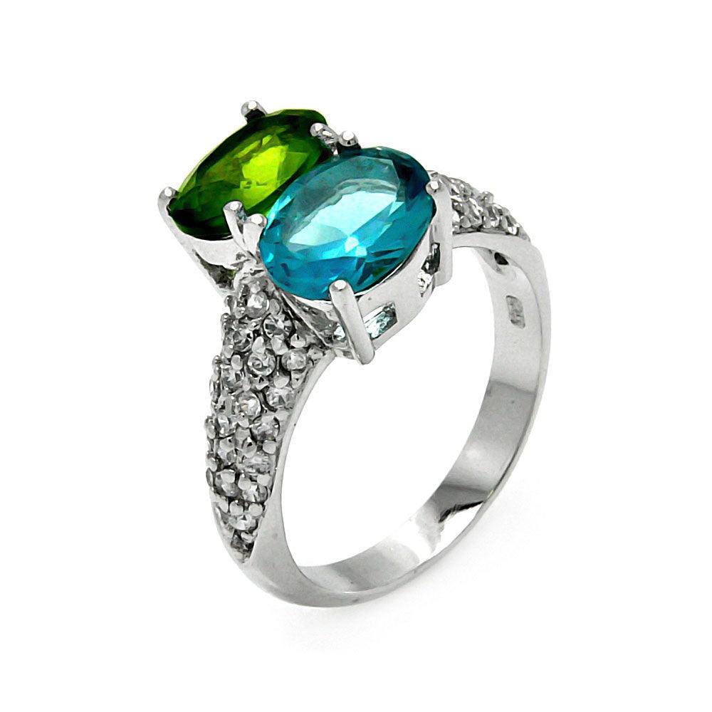 Sterling Silver 925 Rhodium Plated Blue and Green CZ Cocktail Ring Sizes 5-9