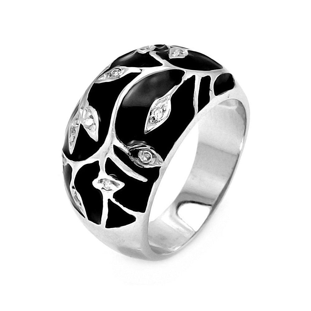 Sterling Silver 925 Rhodium Plated Black Enamel Clear CZ Leaf Ring Sizes 5-9