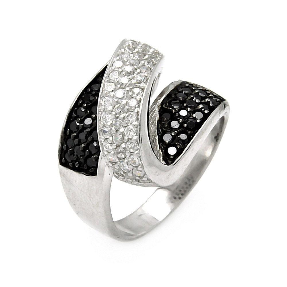 Sterling Silver 925 Black Rhodium Plated Clear & Black CZ Zigzag Ring Sizes 5-9