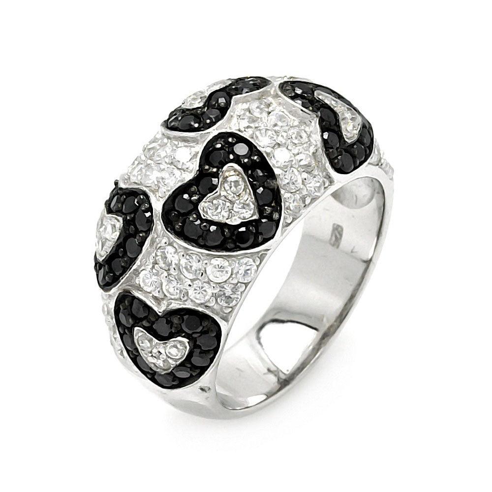 Sterling Silver 925 Black Rhodium Plated Clear and Black CZ Heart Ring Sizes 5-9
